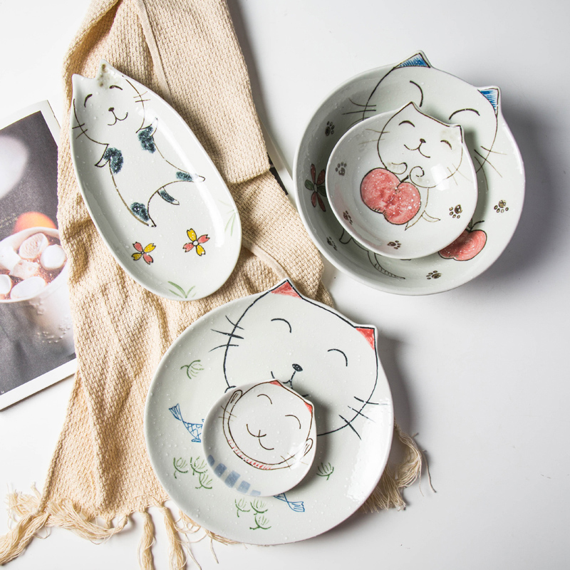 Japanese cat ceramic tableware dish plate fish plate cute creative home meal bowl noodle bowl soup bowl kitten